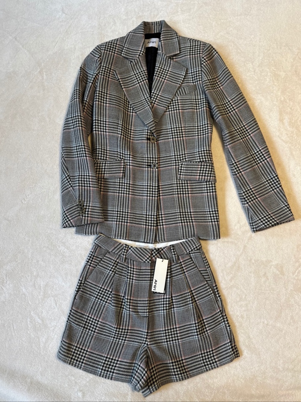 AHIRI Plaid Blazer & Shorts Set Size 4 Tan Black Glen Check Tailored Office Suit